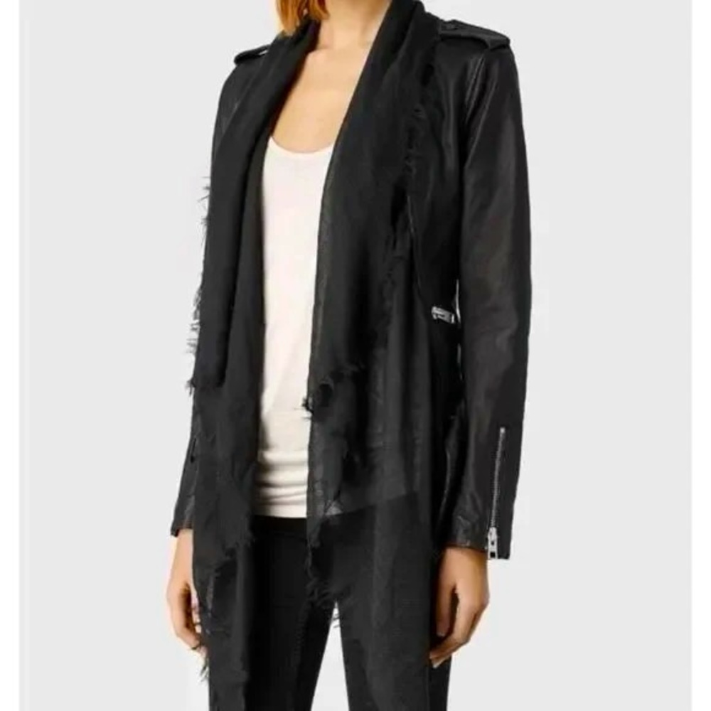 All Saints Arnel Open Scarf Black Leather Jacket 2 NWOT